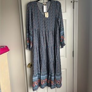 Easel Blue and Orange Floral Long Sleeve Dress
